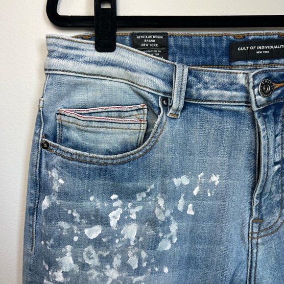 Cult of Individuality Men's Rocker Slim Fit Jeans Blue Paint Splatter Punk 34x33 - Picture 3 of 16